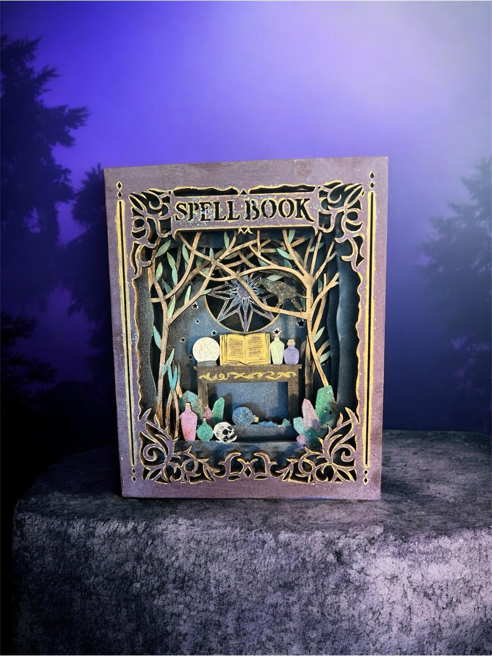 Spell Book led lights Shadow Box - Purple & Gold